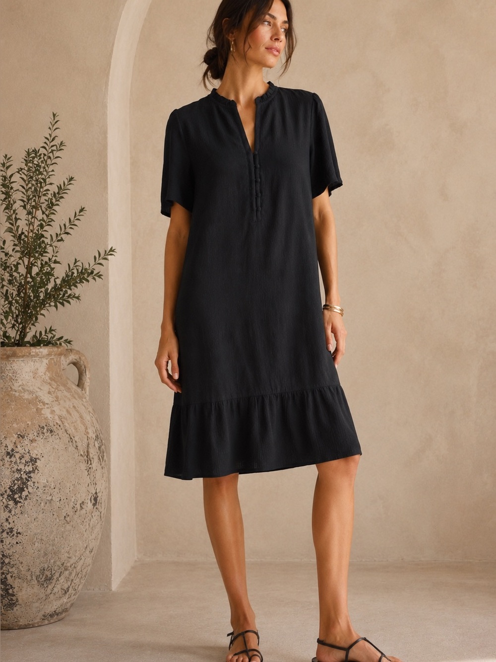 J. Jill Black Modal Rayon Textured Shift Dress Ruffle Neck M Tall